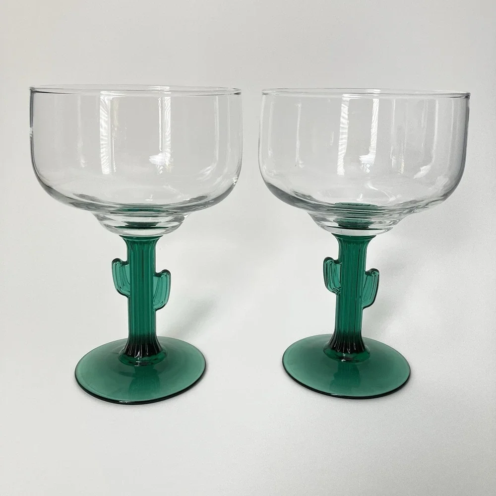 Libbey Green Cactus Saguaro Stem Margarita Glasses 16oz Set of 2 Southwest